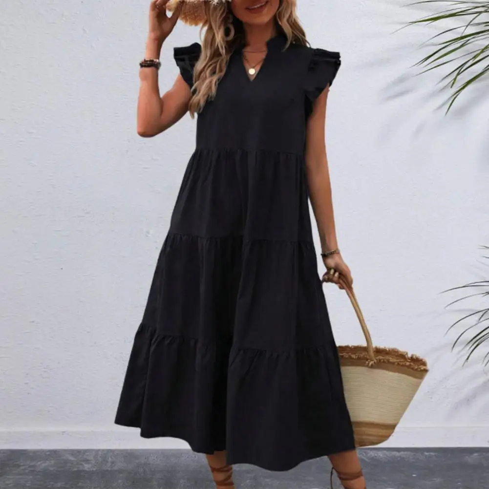 

V-neck Midi Dress Summer Dress Elegant V Neck A-line Midi Dress with Ruffle Sleeves for Women for Dating Parties Beach Vacations