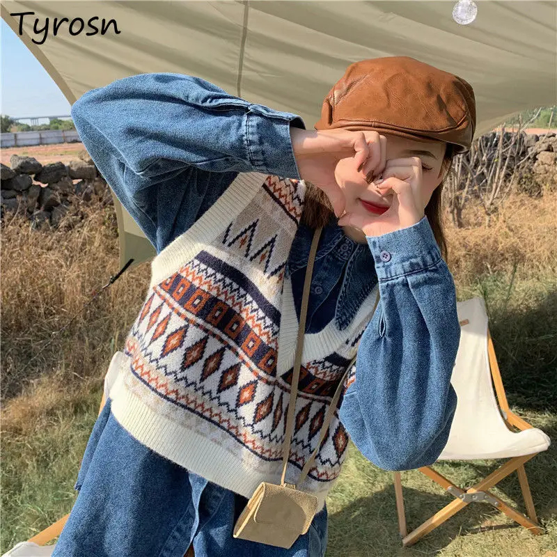 

Cropped Argyle Sweater Vests Sleeveless All Match Vintage Harajuku Knitwear Spring Autumn Chic Ulzzang Loose New Stylish Casual