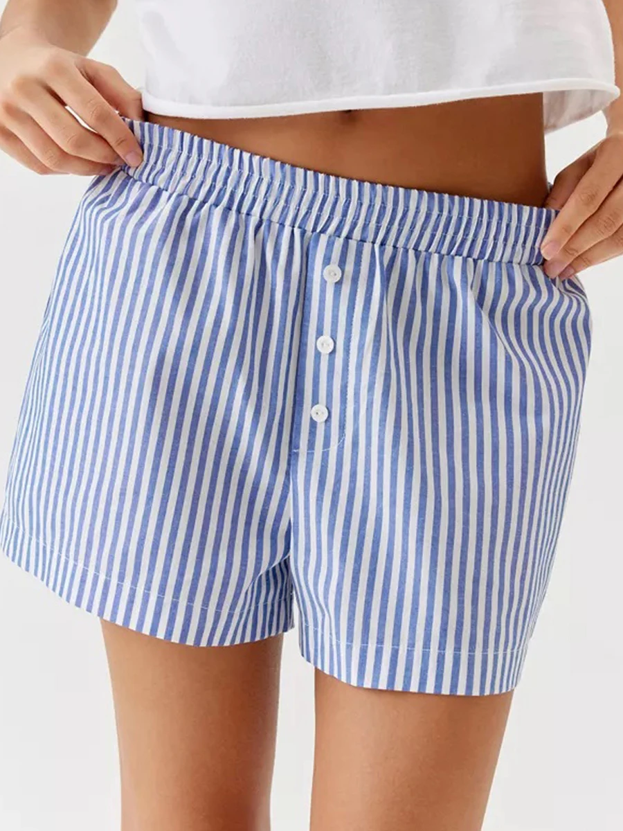 

Women Striped Boxer Shorts Cute Elastic Low Waist Button Front Pj Bottoms Soft Comfy Baggy Going Out Lounge Pajamas Sleepwear