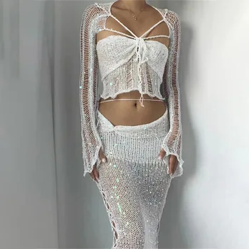 Descubra o Protetor Solar Feminino Xpqbb: Proteção Elegante para o Verão 9 2023 Summer New Women's Beaded Knitted Sweater 4-piece Set Women Cardigan Y2k Gothic Clothes Cardigan Crop Top