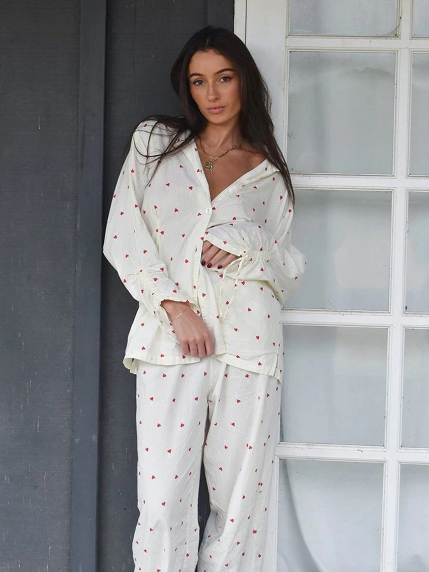 

Marthaqiqi Casual Ladies Sleepwear 2 Piece Suit Long Sleeve Nightgowns Turn-Down Collar Pajama Loose Printing Home Clothes Women