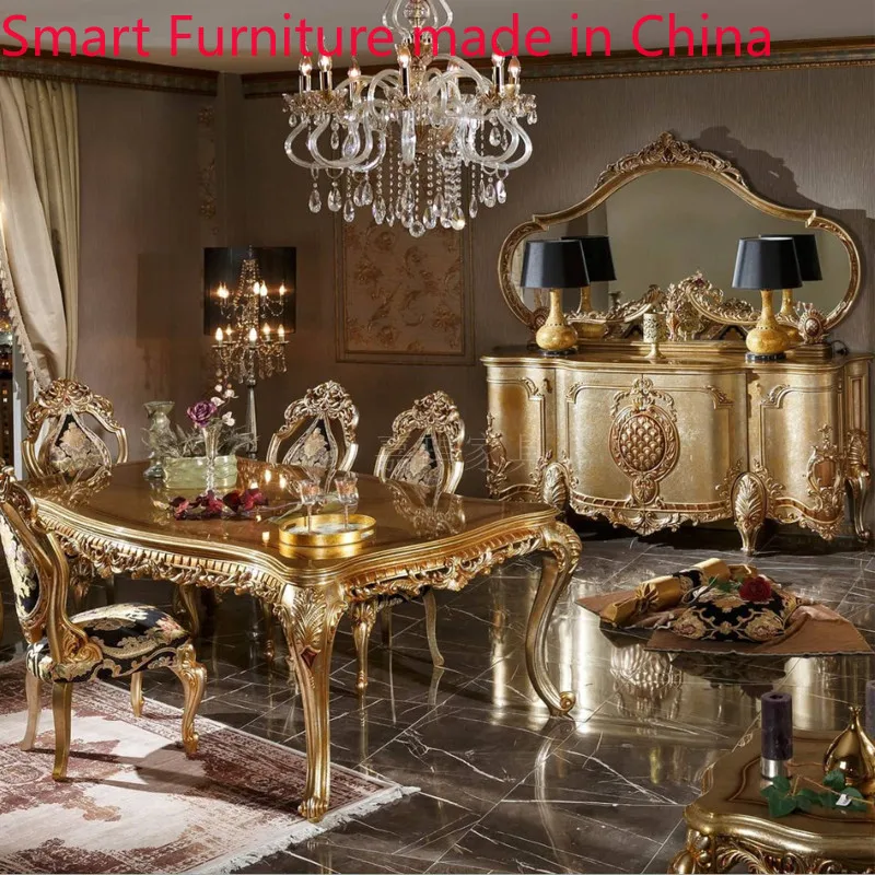 

Custom European luxury dining table and chair combination French palace villa solid wood hand carved furniture