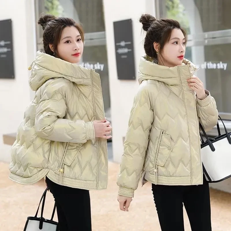 

2023 New Winter Women Short Parkas Hooded Down Cotton Padded Jacket Female Overcoat Thick Warm Glossy Outwear Lady Outerwear