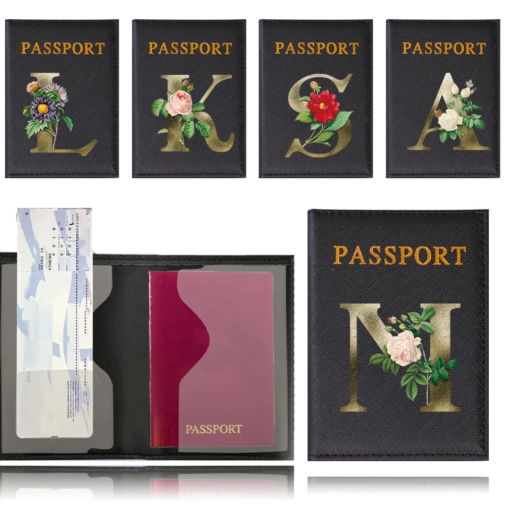 

PU Passport Holder Golden Flower Letter Pattern Ticket Passport Covers Travel Passport Protective Cover ID Credit Card Holder