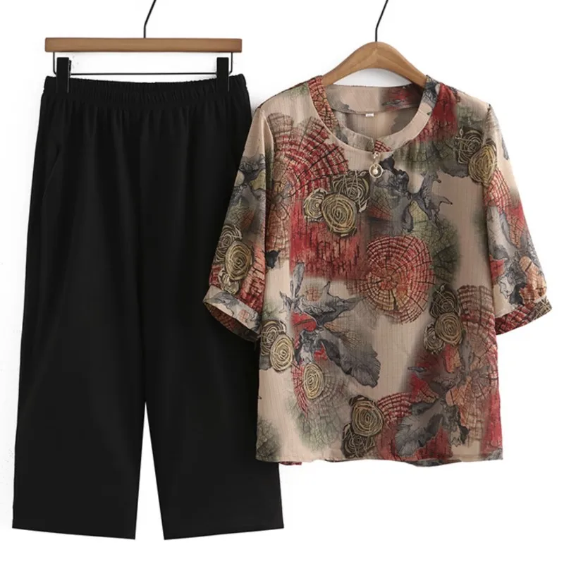 Plus Size Women's Sets Ice Silk Pendant O-Neck Tops Black Calf-Length Pants Twinset Oversized Curve Clothes Summer 2023 
Plus Size Women's Sets Ice Silk Pendant O-Neck Tops Black Calf-Length Pants Twinset Oversized Curve Clothes Summer 2023