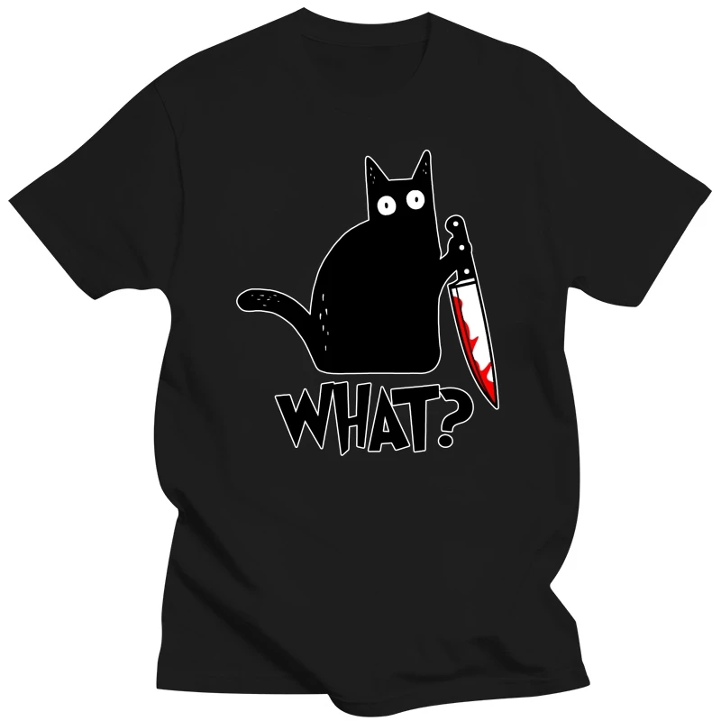 

Cat What T Shirt Murderous Cat With Knife Funny Gift T-Shirt Unisex Top Cotton Short sleeve Tee shirt homme