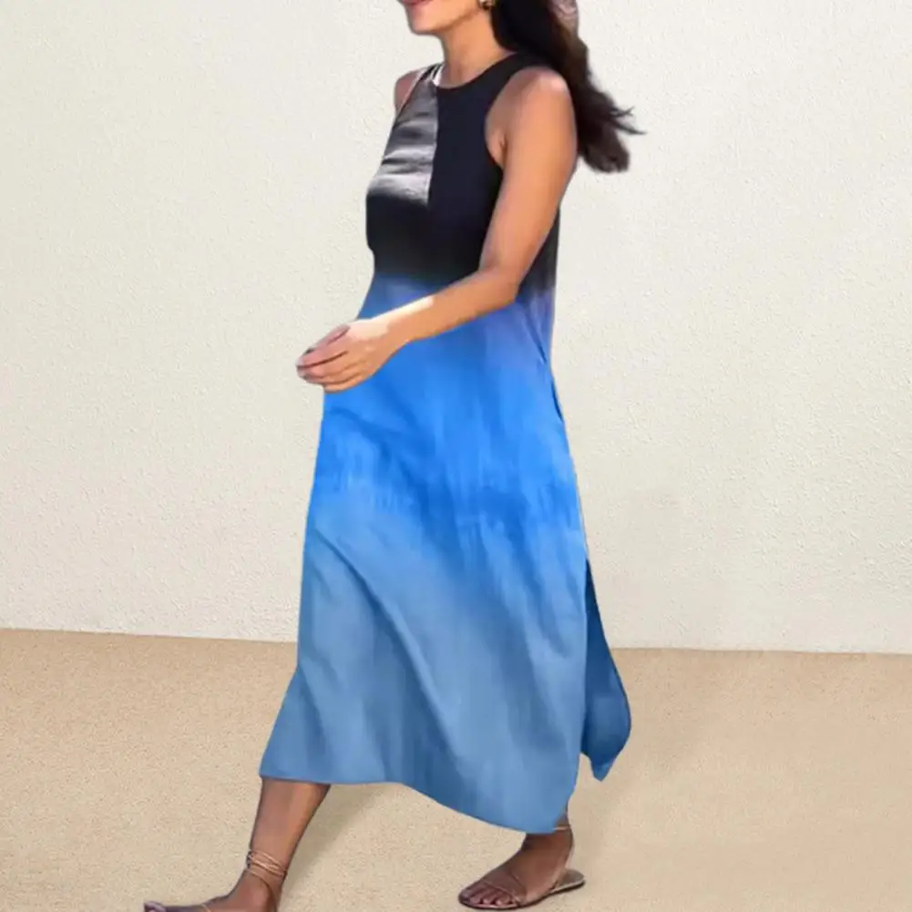 Платье-миди женское пляжное свободного кроя с градиентом и круглым вырезом 
Платье-миди женское пляжное свободного кроя с градиентом и круглым вырезом