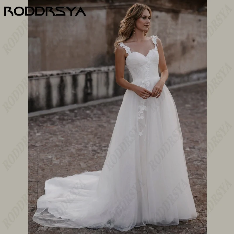

RODDRSYA Sweetheart Spaghetti Straps Boho Wedding Dress Sleeveless Beach Lace Bride Party A-Line Backless Tulle Bridal Gowns