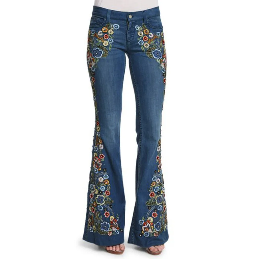 

Модные женские винтажные Облегающие расклешенные джинсы с вышивкой, повседневные свободные джинсы с карманами и высокой талией, эластичные широкие брюки из денима