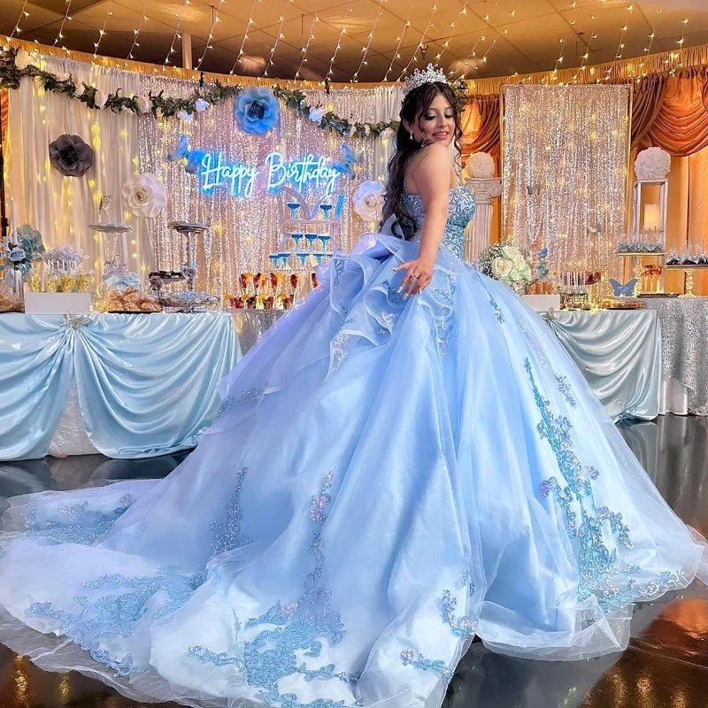 

Бальное платье небесно-голубого цвета, платье Quinceanera 2024, кружевное платье принцессы XV с длинным шлейфом и аппликацией, 15 лет, милое платье на день рождения 16