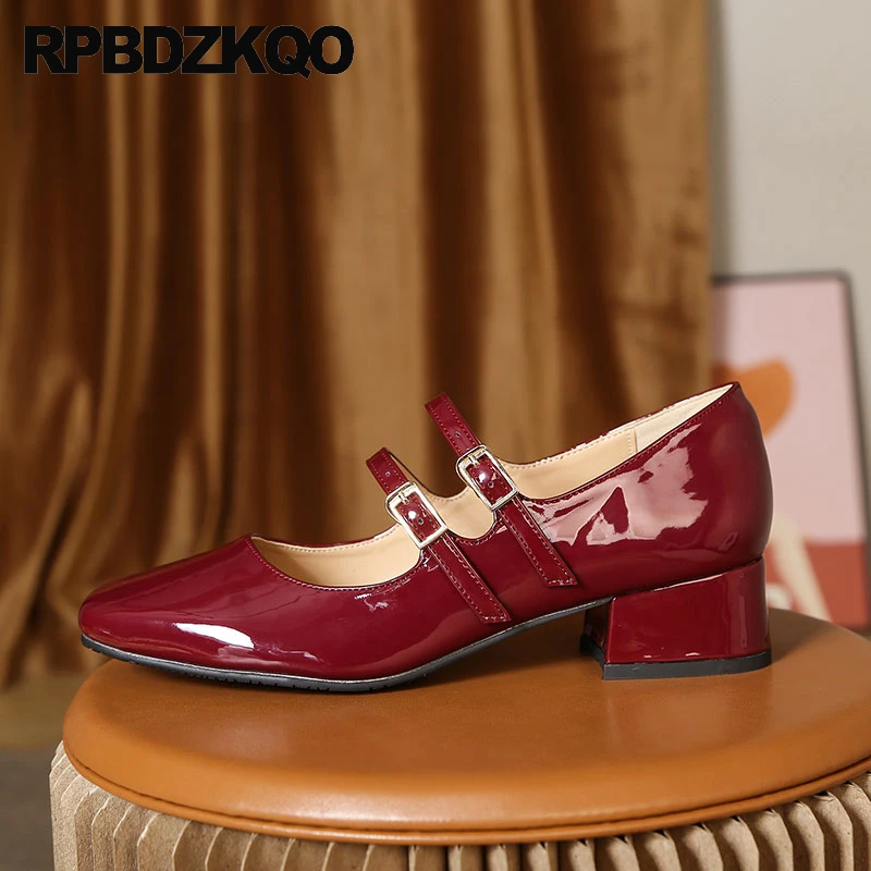 

Strap Burgundy Patent Leather 33 Pumps Small Size Large Mori Square Toe Buckle 42 Belts Mary Jane Block Medium Heel Shoes Women