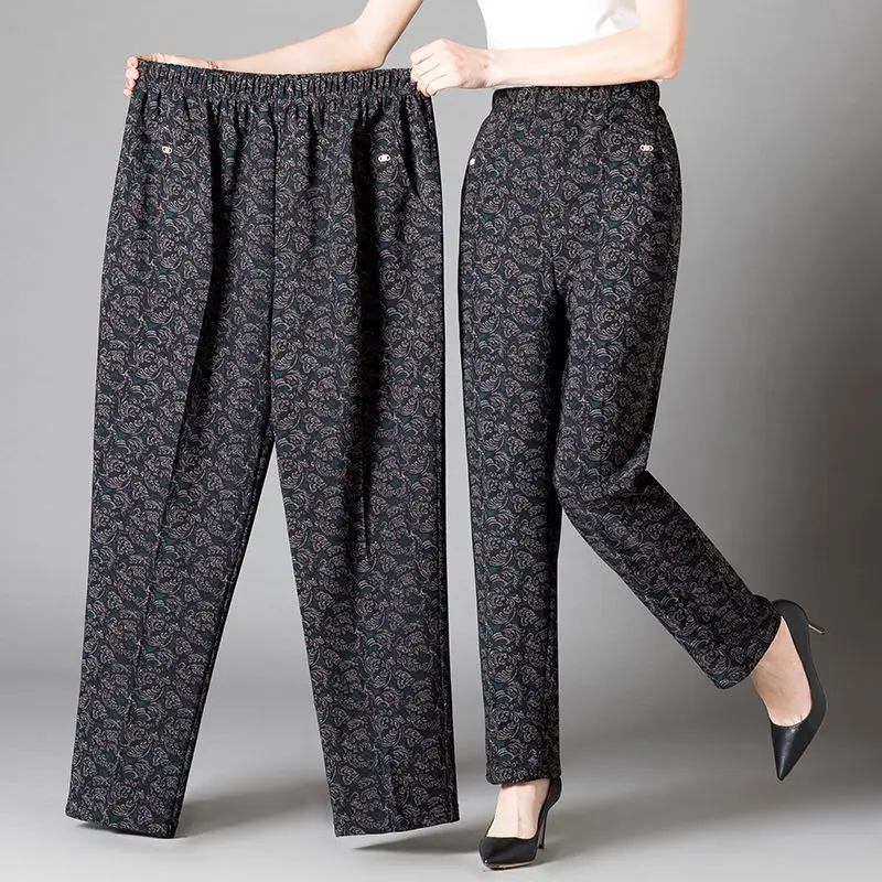Женские Длинные свободные брюки с принтом, повседневные Прямые брюки среднего возраста с высокой талией, Модель A04 на весну и осень, 2023 
Женские Длинные свободные брюки с принтом, повседневные Прямые брюки среднего возраста с высокой талией, Модель A04 на весну и осень, 2023