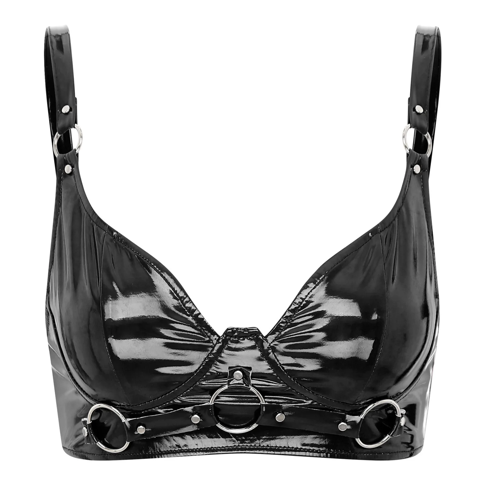 

Womens Wet Look Patent Leather Push Up Bra Top Metal O-Ring Rivets Buckle Wirefree Punk Gothic Bralette Lingerie Clubwear