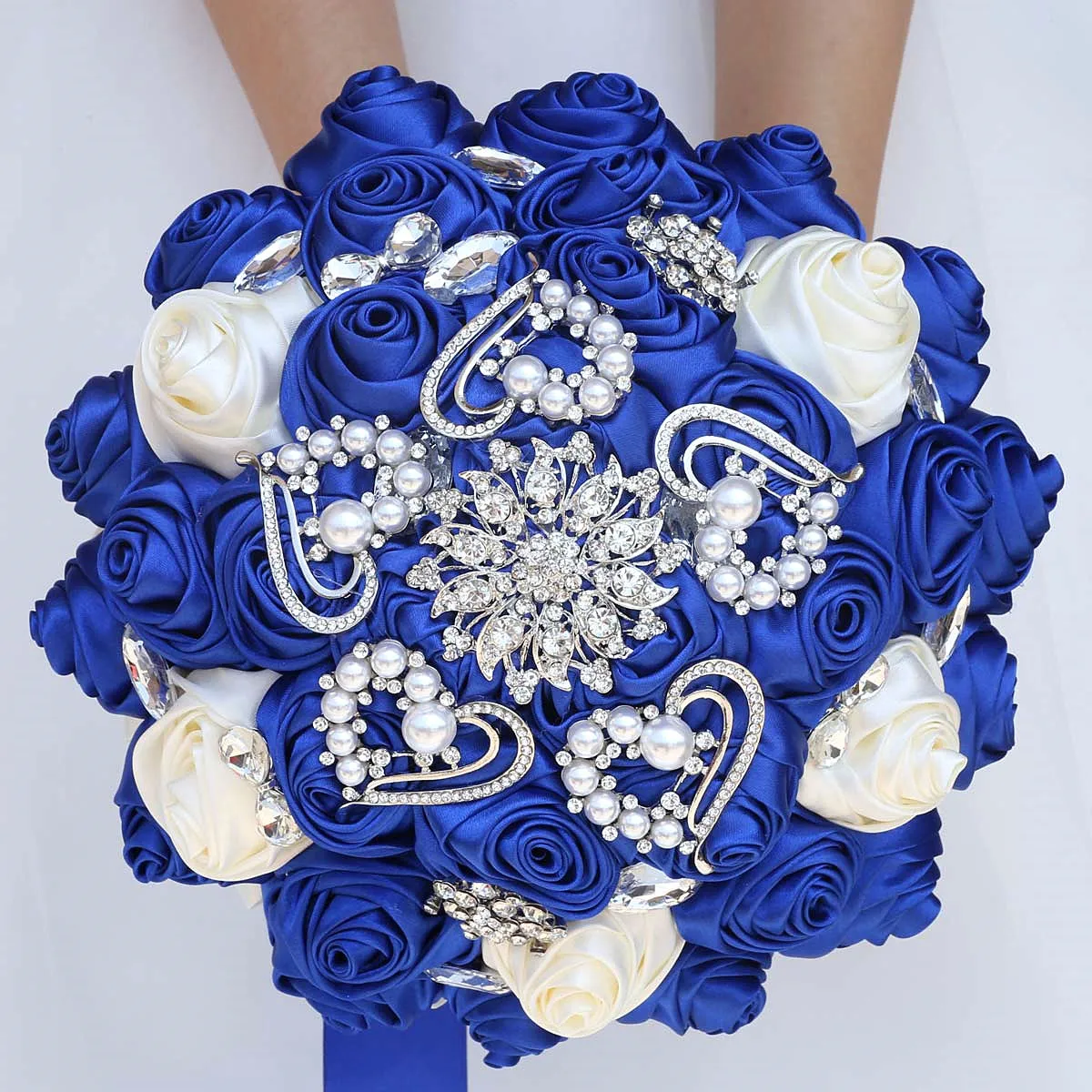 

9 Styles Wedding Bouquet Handmade Silk Rose Rhinestone Bride and Bridesmaid Holding Decor Flower Royal Blue Ivory Bridal Bouquet