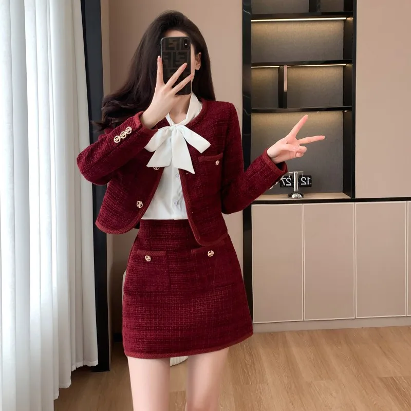 

Women's Suit Skirt Set Autumn and Winter 2023 Woolen Fashion Red Jacket New Style Short Coat Top Elegant Overskirt Two-Piece Set