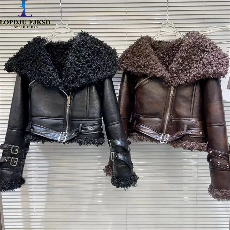 

Женское пальто из искусственного меха ягненка, мотоциклетная куртка с отложным воротником, пальто из искусственной кожи, утепленная теплая одежда, высокое качество, зима 2024