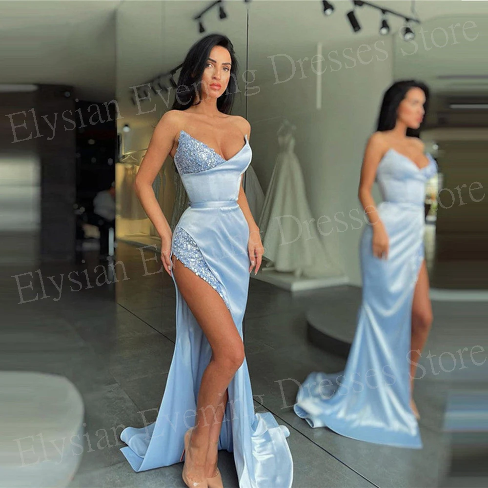 

Sexy Fascinating Blue Mermaid Women's Evening Dresses Charming Strapless Sleeveless Prom Gowns Gorgeous Split Vestidos De Noche