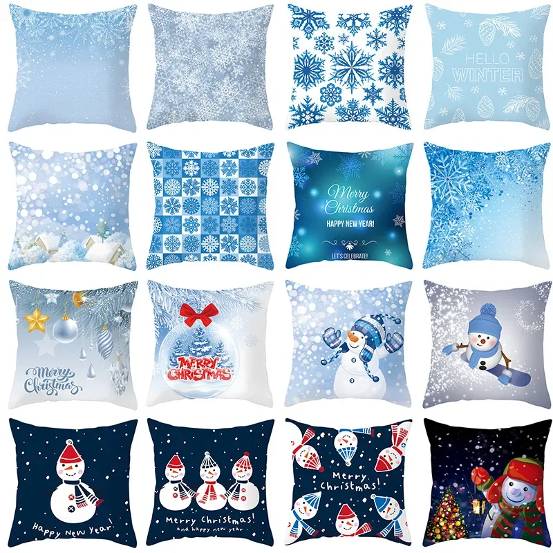 

Blue Snowflake Pillow Cover Winter Christmas Snowman Cushion Manufacturer Supply