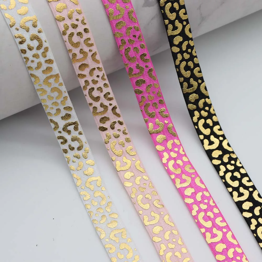 

5/8'' 15mm Gold Foil Leopard Print Fold Over Elastic FOE Ribbon For Hairbow Headwear Headband DIY Sewing Decoration