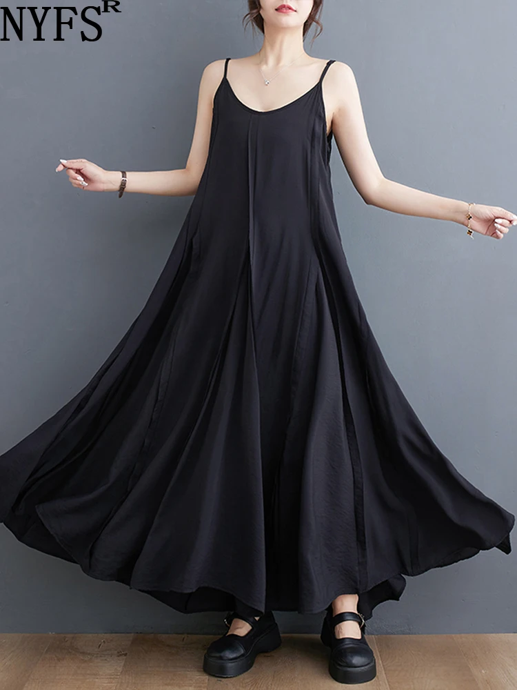 

NYFS 2023 Summer New Niche black Woman Dress Vestidos Robe Elbise Loose Plus Size Fashion Big Hem Spaghetti Strap Long Dresses