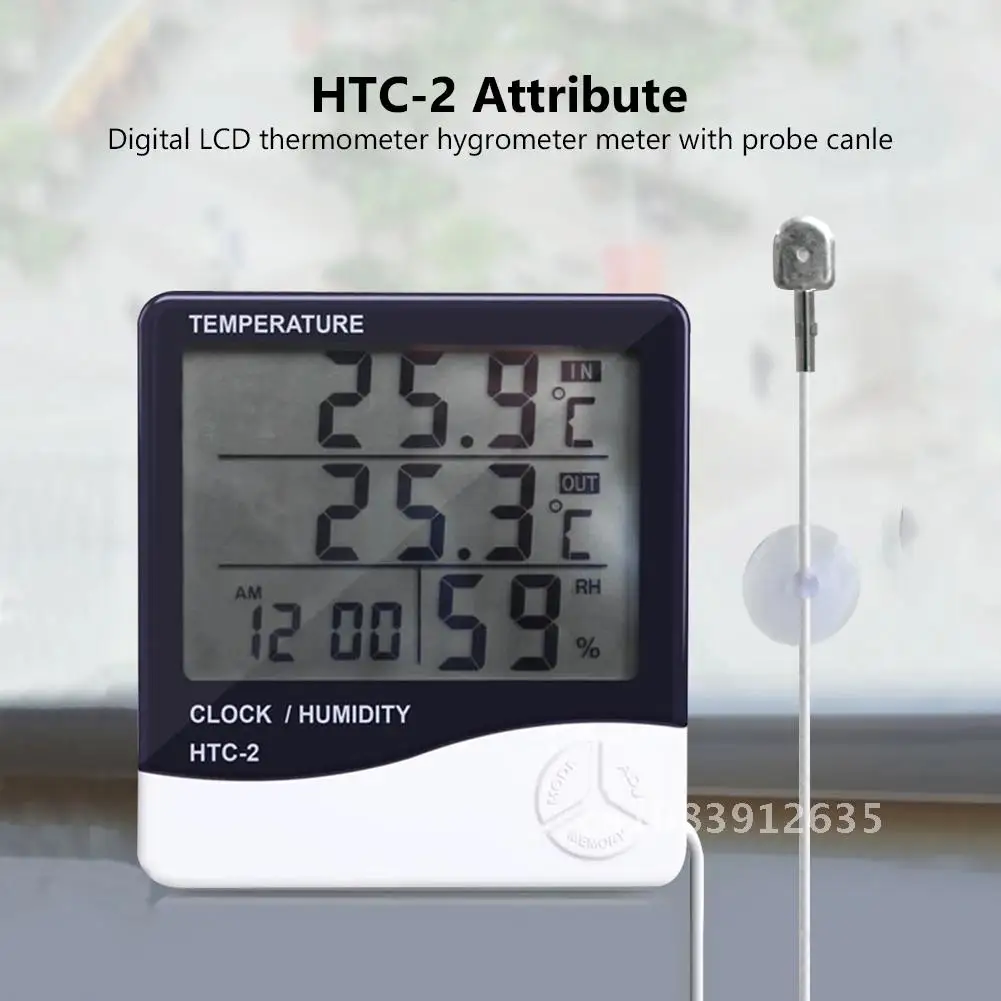 

1pcs Indoor Outdoor hygrometer thermometer Weather Station with Clock LCD Digital Temperature Humidity Meter HTC-2 Home