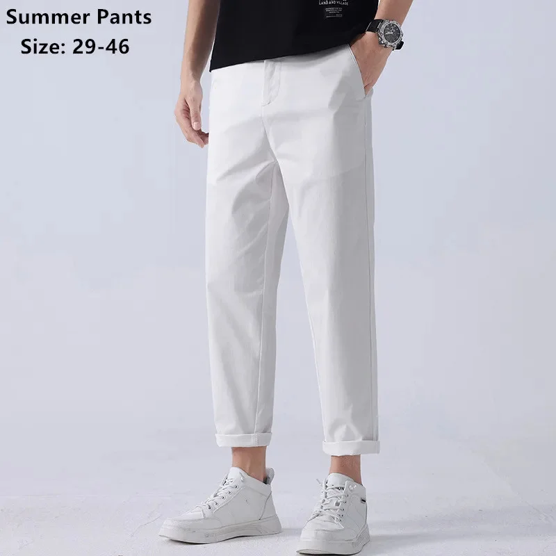 

White Pants Men Thin Summer Casual Plus Size 42 44 46 Khaki Blue Stretched Ankle-Length Pencil Cotton Breathable Popular Trouser