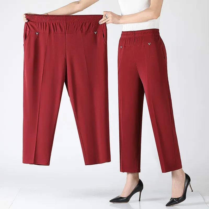 

5XL 6XL 7XL 8XL Middle Aged Women's Pants New Summer Thin High Waiste Elastic Loose Straight Pants Female Casual Trousers