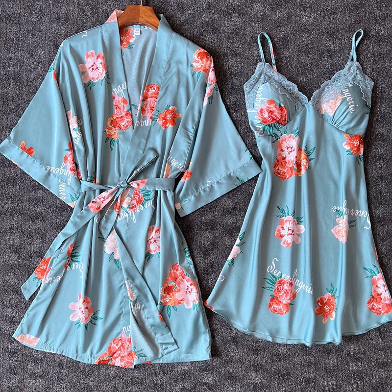 

Twinset Robe Set Spaghetti Strap Nightdress Pink Print Flower Women Satin Bathrobe Nightgown Sleepwear Loose Casual Home Dress