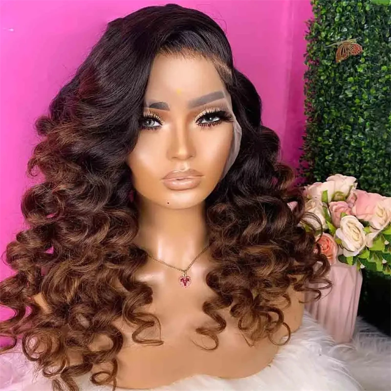 

Soft 26“ Long Ombre Brown Deep Wave Preplucked 180%Density Natural Hairline Glueless Lace Front Wig For Women Babyhair