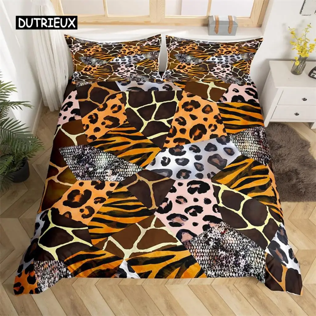 

Leopard Cheetah Comforter Cover Twin Zebra Snake Giraffe Animal Skin Print Duvet Cover Abstract Geometric Patchwork Bedding Set