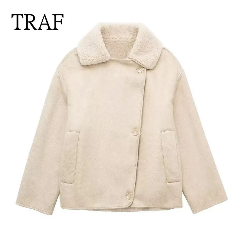 

TRAF 2024 New Women Jacket Korean Fashion Button Double-Sided Woman Clothing Loose Vintage Coat Female Outwear Chic Tops