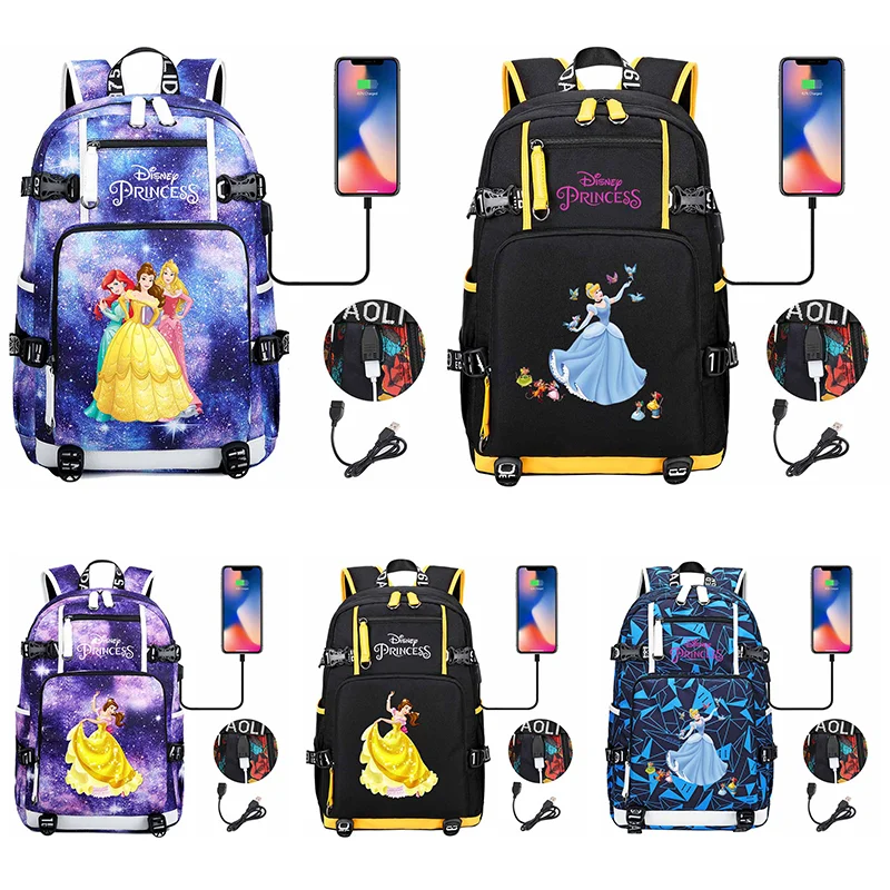 

Fashion Princess Multifuction Boys Students Schoolbag Large Capacity Laptop Bag Waterproof USB Charging Backpack Mochila