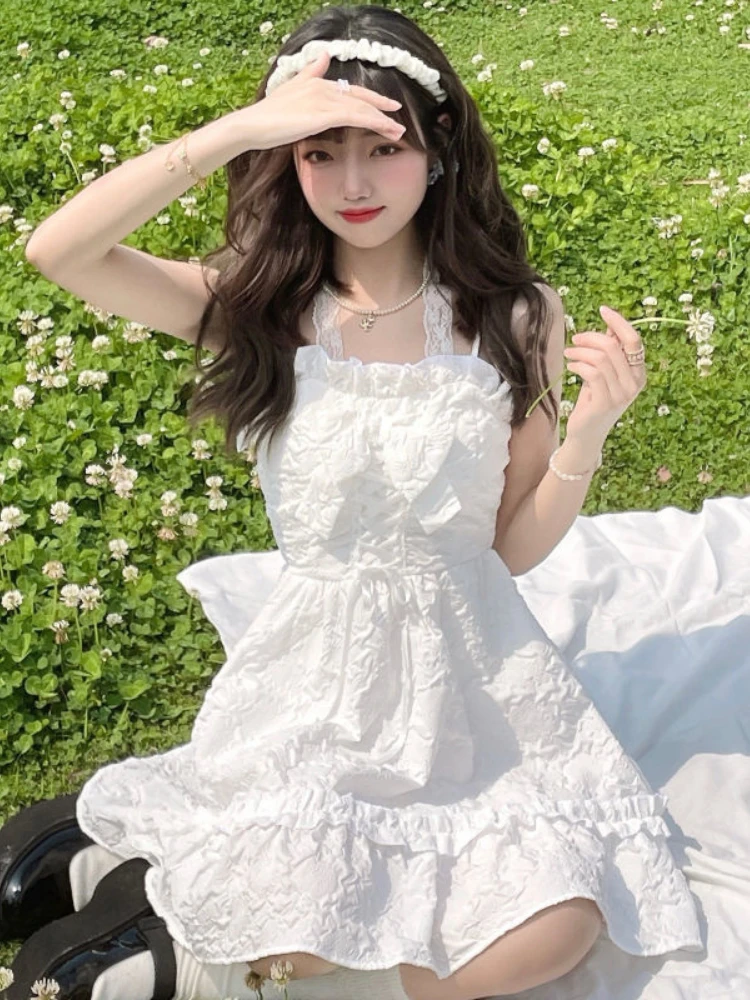 

Summer Kawaii Lolita JSK Dress Women Sweet White Lace Halter Collar Party Suspender Dresses Girls Ruffles Slim Princess Vestidos