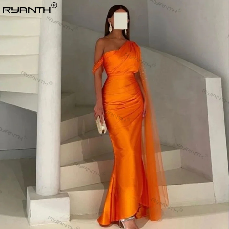 

Ryanth Orange Evening Dresses Mermaid One Shoulder Saudi Arabia Formal Dress With Tulle Warp Women Prom Party Gowns 2024