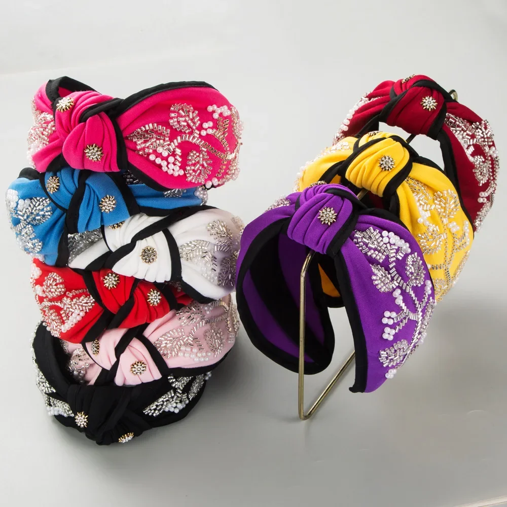 

European and American Fashion New Style Wide Brim Knotted Hairband Hand-Stitched Glass Flower Banquet Hair Accessories