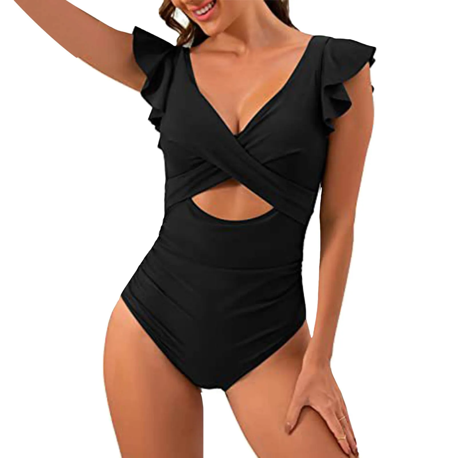 

Vintage Women's One Piece Swimsuit Solid Color Ruffle Cutout V Neck Bathing Suits 2024 Summer Backless Ruched Wrap Swimwear