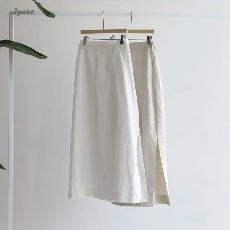 

Cotton Linen Elastic High Waist Slit Straight Long Skirt 2024 Summer New Simple Casual Holiday Beach Skirts For Women Fashion