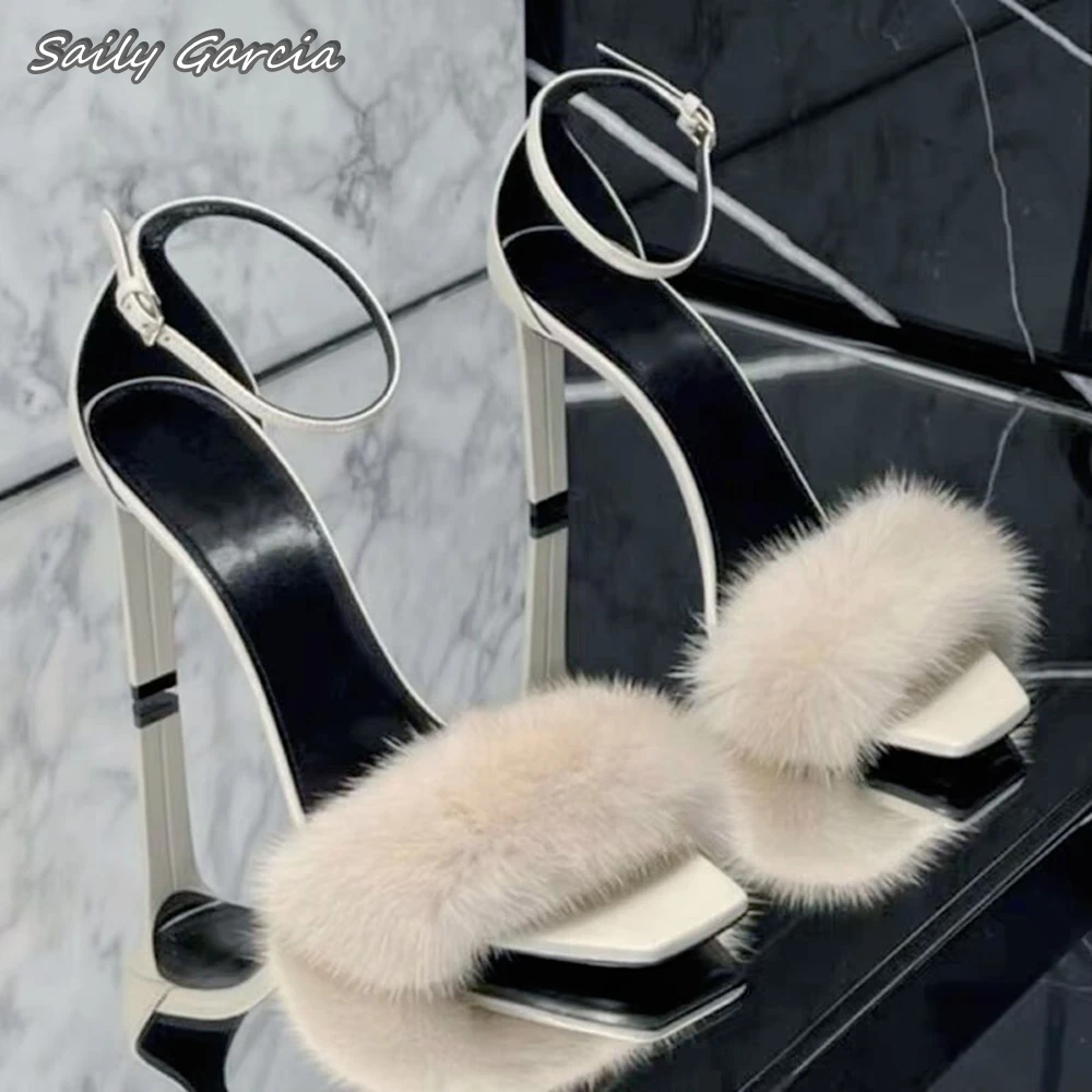 

Mink Fur One Word Belt Belt Buckle Strap Sexy Sandals 2024 Side Empty Catwalk High Heels Open Toe Stiletto Shallow High Heels