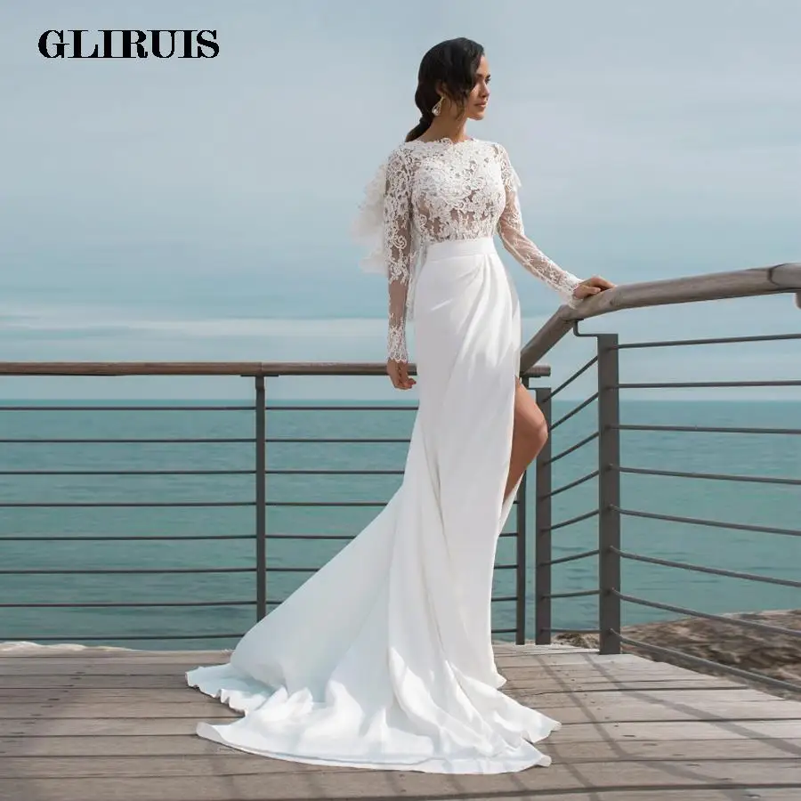 

2022 Lace Mermaid Wedding Dress Scoop Neck See-through Bridal Gown Side Split Open Back Robe De Mariee Vestidos De Novia