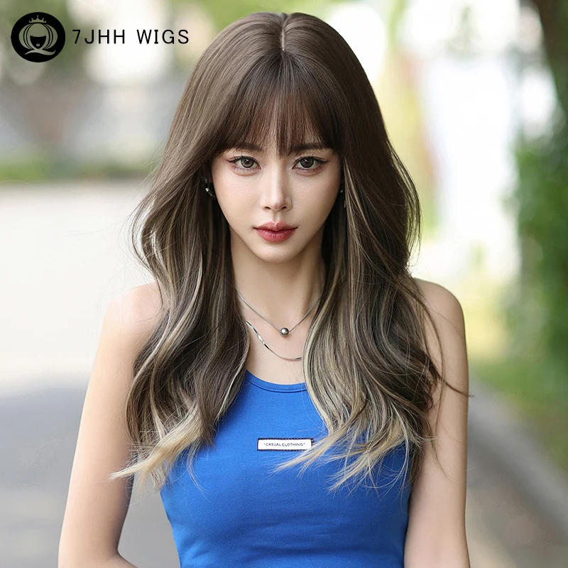 

7JHH WIGS Layered Synthetic Body Wavy Highlight Brown Wig for Women Daily Use High Density Loose Hair Wigs with Bangs Hot Sale