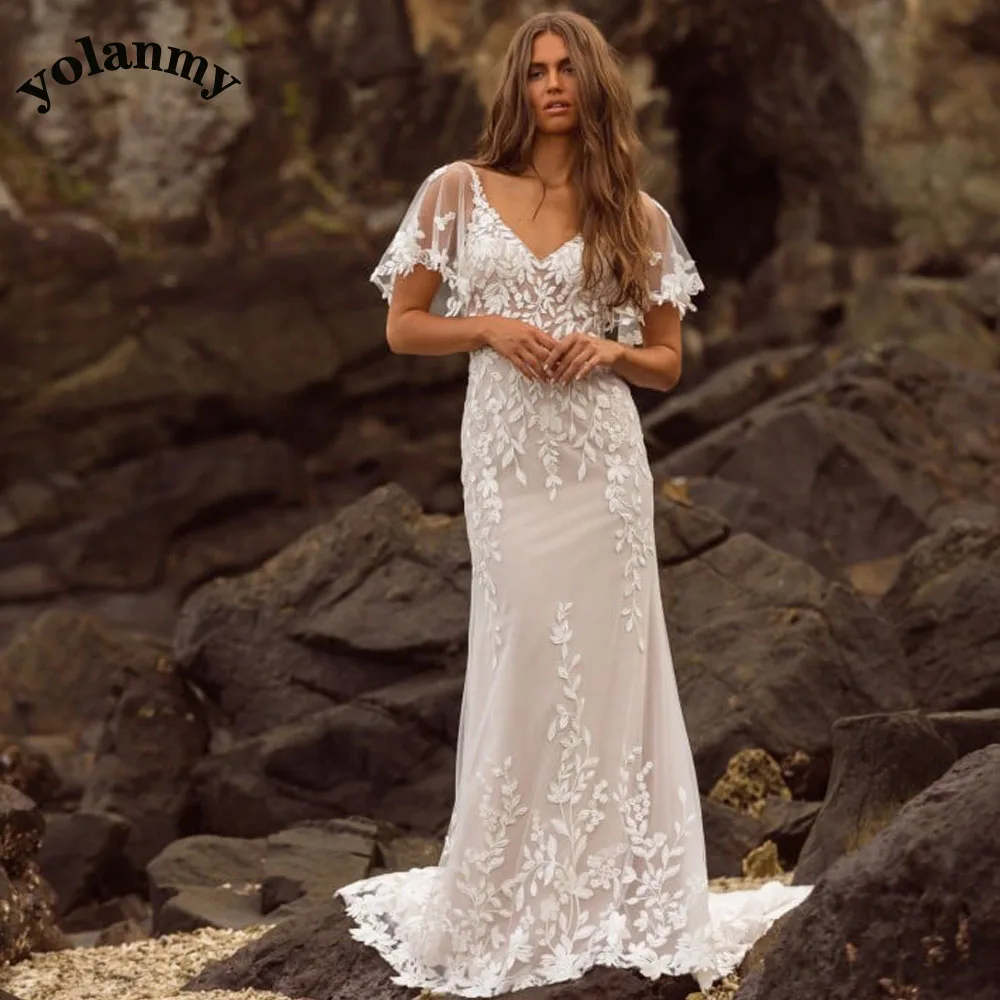 

YOLANMY Chic Charming Wedding Dresses V-Neck Puffy Sleeve Appliques Formal Bridal Gown Vestido De Casamento Customised For Women