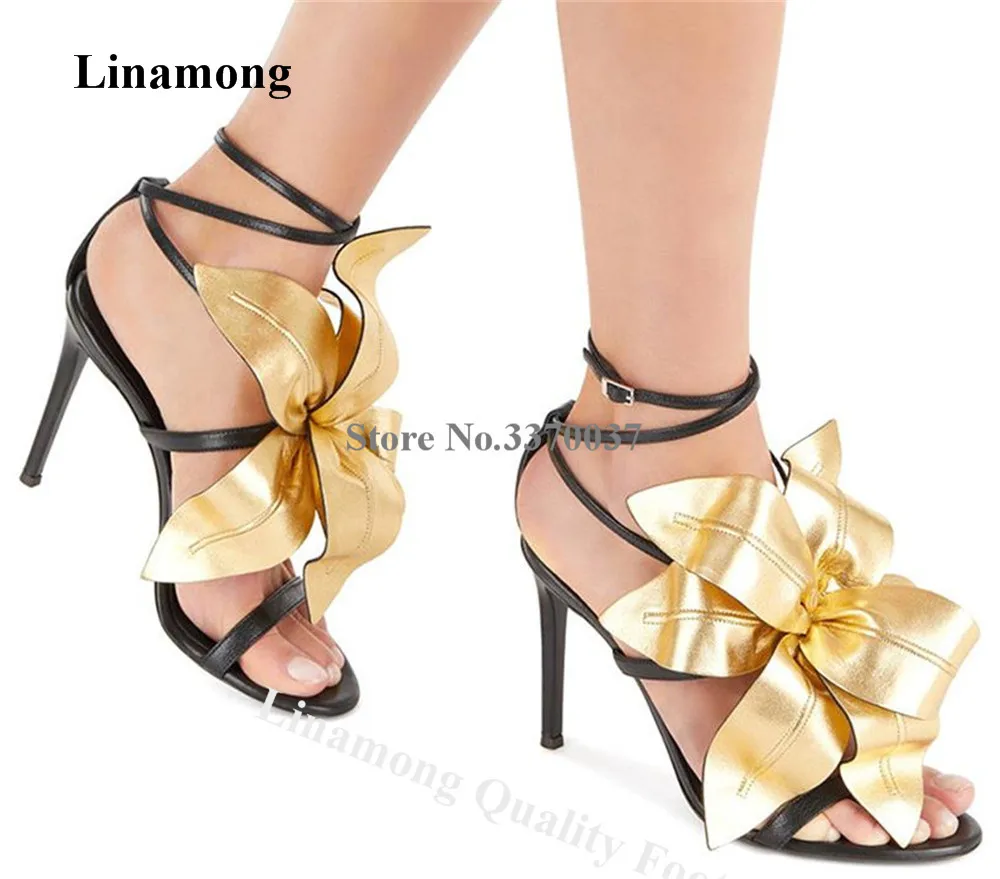 

Linamong Newest Gold Silver Black Leaves Decorated Gladiator Sandals Open Toe Unique Style Flowers Stiletto Heel Dress Shoes