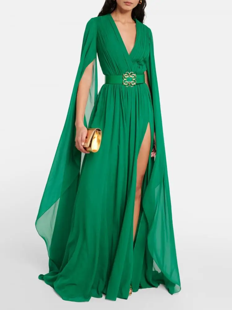 

Женское длинное вечернее платье Onecozyday, однотонное зеленое Плиссированное Платье макси с V-образным вырезом и поясом, лето