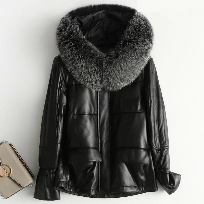 

2024 Real Leather Down Jacket Women Fox Fur Collar Hooded Autumn Winter Sheepskin Coat Warm Woman Parkas Doudoune Femme