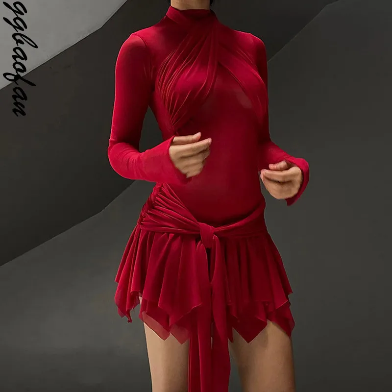 

Сексуальное элегантное ТРАПЕЦИЕВИДНОЕ Плиссированное Сетчатое Прозрачное мини-платье Ggbaofan, Женская Клубная одежда с длинным рукавом, облегающие платья с рюшами