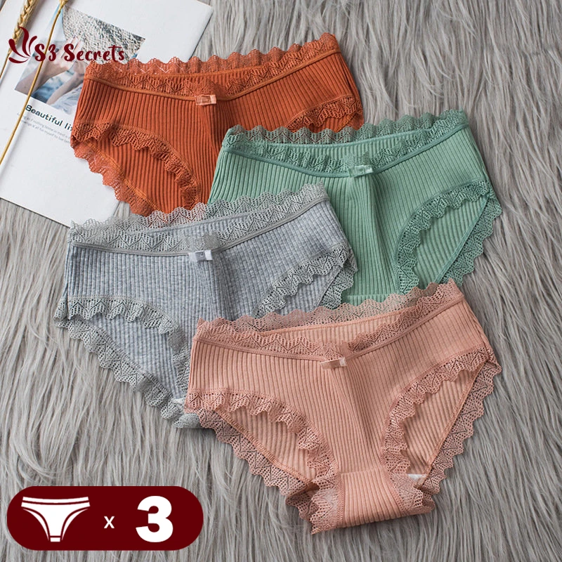 Sous-vêtements en coton taille moyenne pour femmes, culottes sexy, dentelle respirante, intimes, entrejambe anti-favorable, 3 pièces par lot 1
