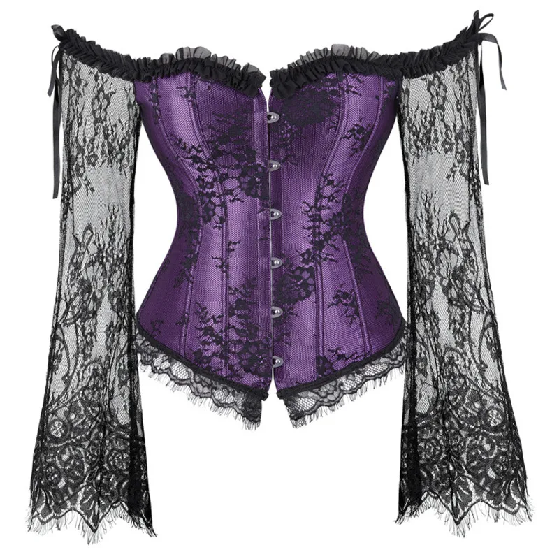 

The New Mesh Long Sleeved Court Corset Victorian Women's Sexy Gothic Off Shoulder Overbust Lace Bustier Corselet Shaped Top