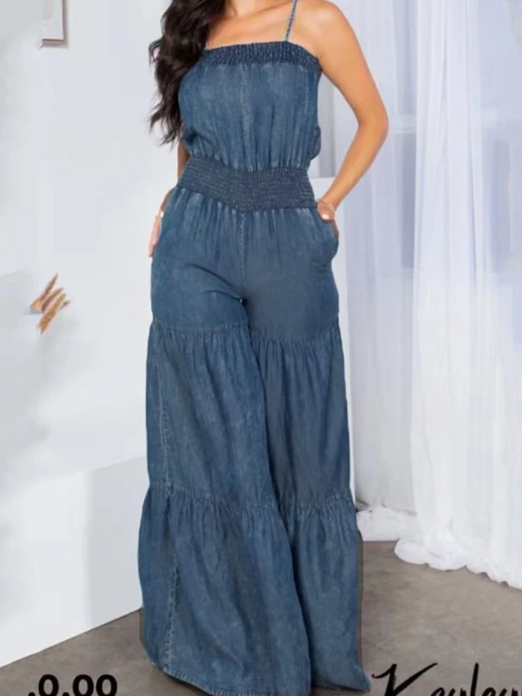 Vintage Women's One Piece Full Length Denim Jumpsuit Casual Summer Spaghetti Strap Sleeveless Ruched Strapless Wide Leg Overalls
Vintage Women's One Piece Full Length Denim Jumpsuit Casual Summer Spaghetti Strap Sleeveless Ruched Strapless Wide Leg Overalls