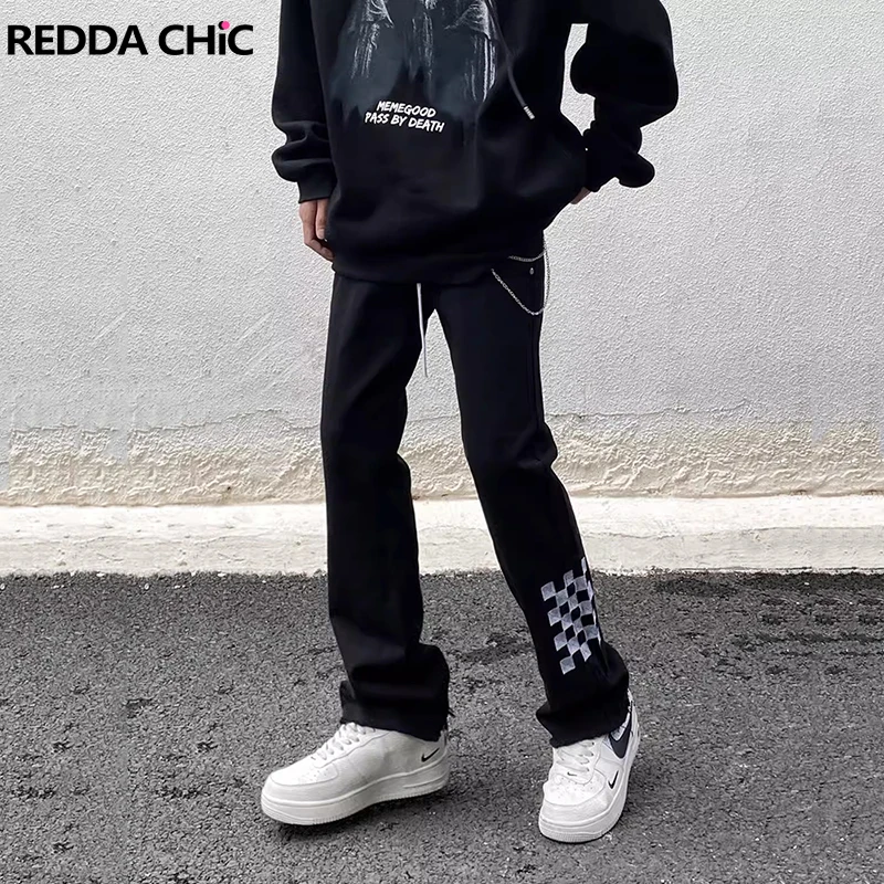 

REDDACHIC Checkered Patchwork Straight Jeans for Men Slim Fit Raw Edge Denim Pencil Pants Hip Hop Trousers Harajuku Streetwear