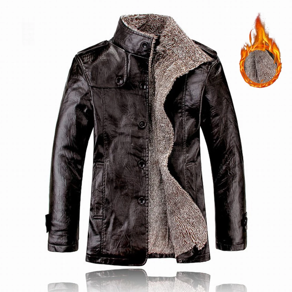 

Mens Winter Warm Retro Faux Leather Rider Coat Fur Lined Trench Outwear Jacket Moto Lapel Long Sleeve Autumn And Winter